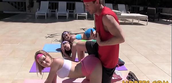  Yoga teens riding instructors cock during outdoor exercise